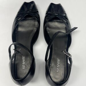 Sandals Black Liz Baker Peep Open Toe Wedge Heel Ankle Strap Black 7.5 Bow EUC